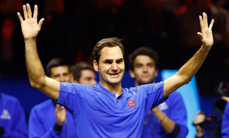 Team Europe's Roger Federer waves at fans at the end of his last match after announcing his retirement Action Images via Reuters/Andrew Boyers