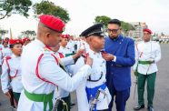 Police Cadet Officer Roger Junior Westmoreland has his new rank pinned onto his shoulders by Commander-in-Chief, His Excellency Dr. Mohamed Irfaan Ali and Chief of Defence Staff, Brigadier Omar Khan,MSS, marking the culmination of two years of rigorous military and academic training