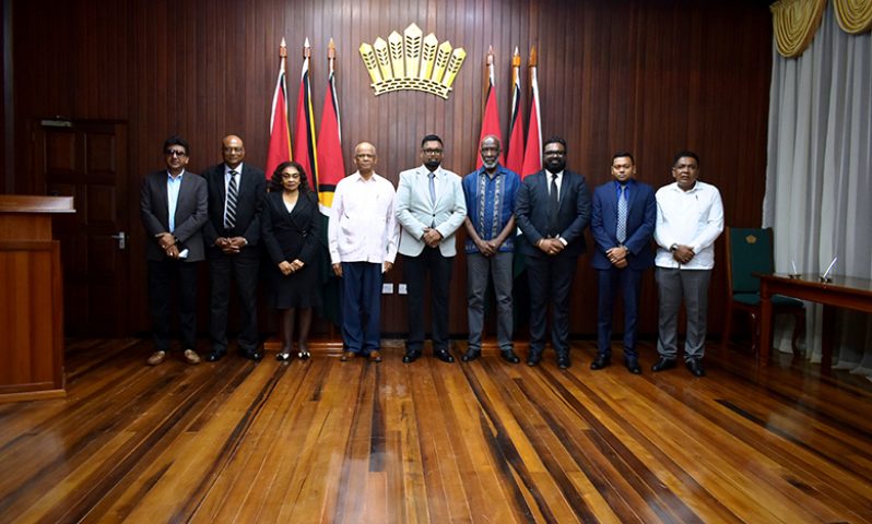 President, Dr Irfaan Ali (centre) with (from left) Attorney General and Legal Affairs Minister, Anil Nandlall, S.C; GECOM’s Chief Elections Officer, Vishnu Persaud; GECOM’s Chairman, Justice (Ret’d) Claudette Singh; newly appointed GECOM Commissioner, Clement Rohee; GECOM Commissioners Vincent Alexander, Sase Gunraj and Manoj Narine; and Agriculture Minister, Zulfikar Mustapha (Elvin Carl Croker photo)