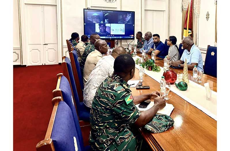 President Irfaan Ali convened an early-morning meeting on Saturday with the Defence Board, the national security apparatus, regional commanders and other senior security officials to address the ongoing situation in Venezuela [Office of the President]