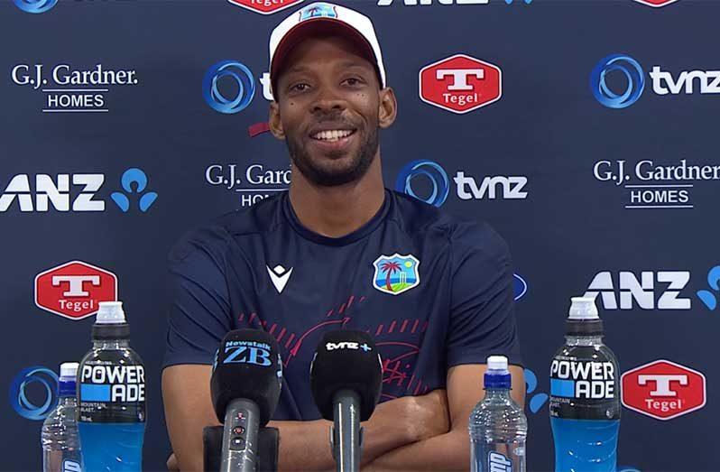 A happy Roston Chase speaking during the post-match press conference following the drawn Test between West Indies and New Zealand