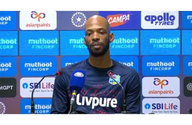 Roston Chase speaking during a post-match press conference following the West Indies’ five-wicket win over India in the second T20I