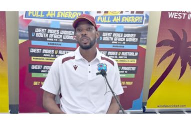 West Indies Test captain Roston Chase speaking to members of the media following their 159-run defeat to Australia in the first Test at Kensington Oval