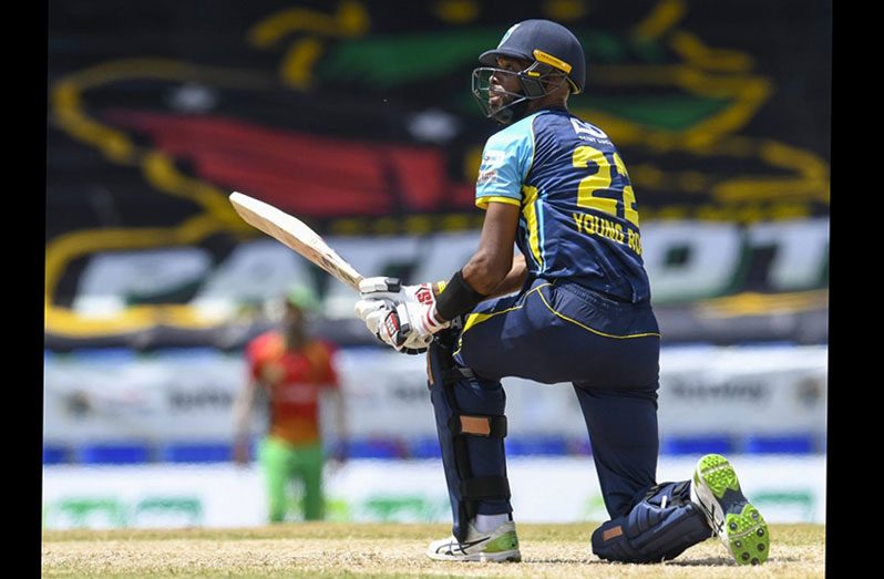 Roston Chase hits out during his  innings 85 for St Lucia Kings on Thursday.(CPL GETTY INAGES)