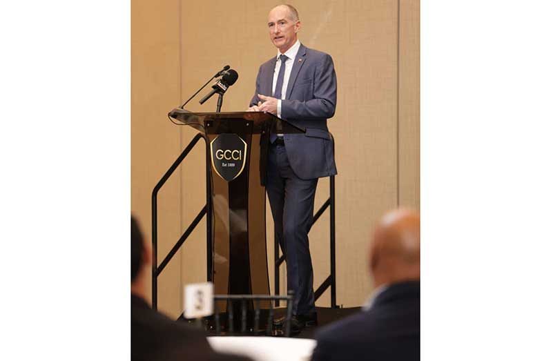 ExxonMobil Guyana President Alistair Routledge during the Georgetown Chamber of Commerce and Industry’s Energy Luncheon (GCCI photo)