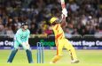 Rovman Powell launches a six over wide long-on  •  Nathan Stirk/ECB via Getty Images