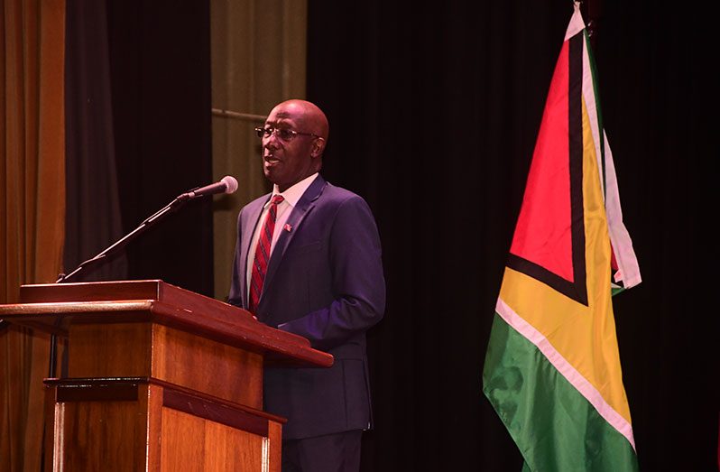 Prime Minister of Trinidad and Tobago, Dr. Keith Rowley, addresses stakeholders at the opening of the Agri-Investment Forum and Expo, on Thursday (Adrian Narine photo)