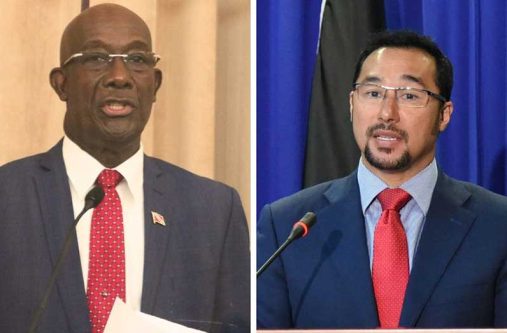 Trinidad and Tobago Prime Minister Dr. Keith Rowley (left) with Stuart Young (right)