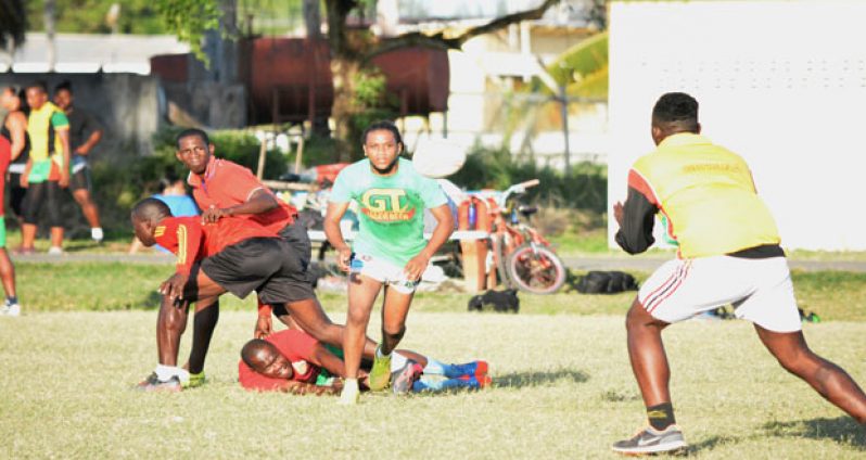 Members of the ‘Green Machine’ in training yesterday at the National Park Rugby Field (Samuel Maughn photo)