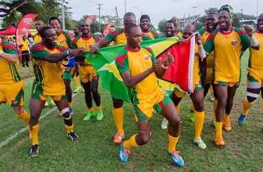 Flashback! The victorious Guyana team celebrate after ‘frying’ Barbados 48-17 at the National Park during the earlier stages of the Rugby America North (RAN) South Zone Finals. (Delano Williams photo)