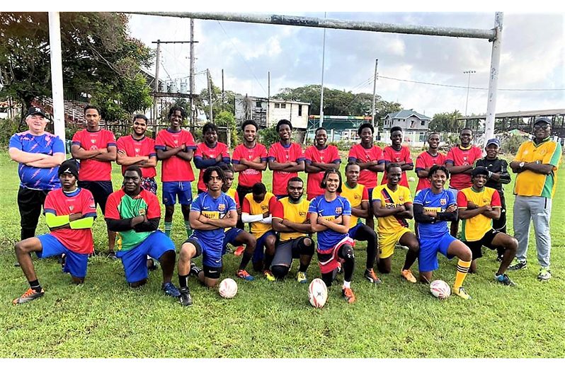 Guyana’s U-19 rugby squad after a triaining session at the National Park