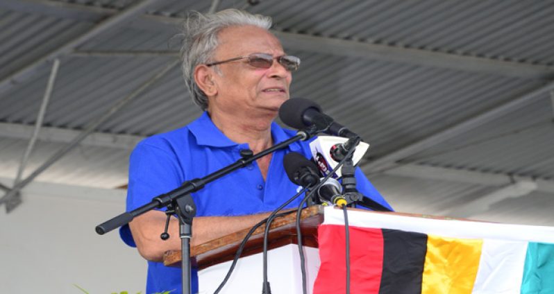 Minister of Education, Dr. Rupert Roopnaraine delivering his remarks at the annual Education Month Rally held Friday at the National Park (Photo by Adrian Narine)