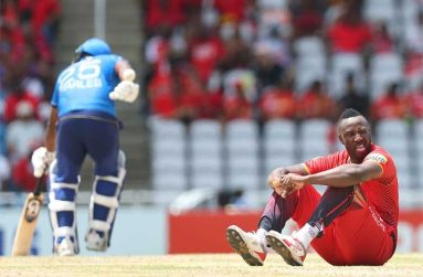 Andre Russell of Trinbago Knight Riders reacts during the Men's 2024 Republic Bank Caribbean Premier League match between Trinbago Knight Riders and Saint Lucia Kings at the Brian Lara Cricket Academy on September 24, 2024 in Tarouba, Trinidad And Tobago (Photo by Ashley Allen - CPL T20/CPL T20 via Getty Images)