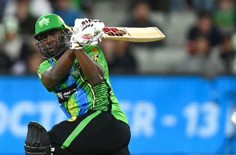 West Indies batsman Andre Russell on the attack.