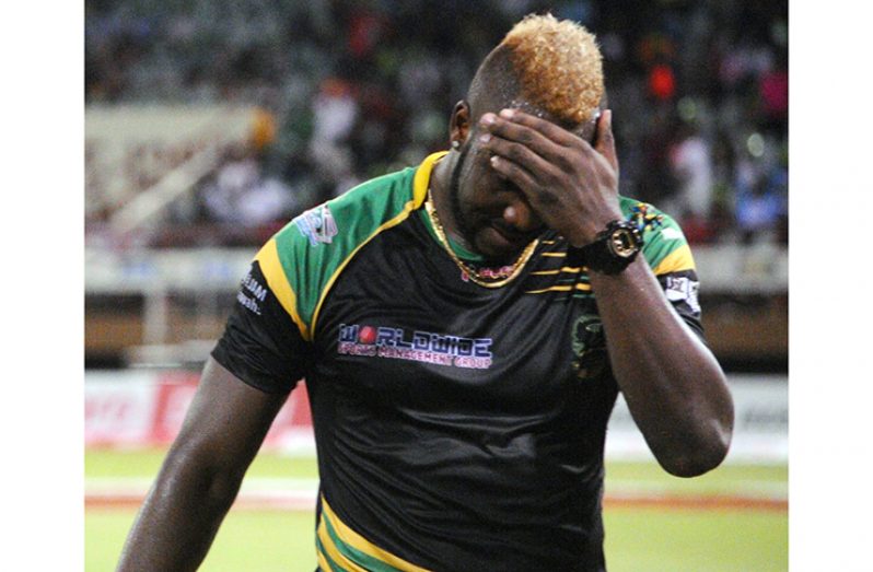 Tough luck! Captain Andre Russell leaving the field after the Jamaica Tallawahs were knocked out of the 2018 Hero CPL. (Adrian Narine photos)