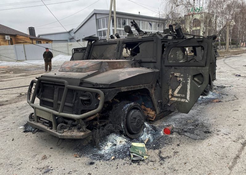 A view shows a destroyed Russian Army all-terrain infantry mobility vehicle Tigr-M (Tiger) on a road in Kharkiv, Ukraine February 28, 2022. REUTERS/Vitaliy Gnidyi/File Photo