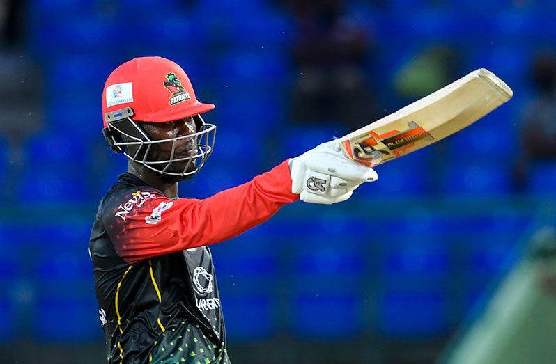 Sherfane Rutherford of Saint Kitts & Nevis Patriots celebrates his half century during the 2021 Hero Caribbean Premier League match 8 between Saint Kitts & Nevis Patriots and Guyana Amazon Warriors at Warner Park Sporting Complex on August 29, 2021 in Basseterre, St Kitts, Saint Kitts and Nevis. (Photo by Randy Brooks - CPL T20/Getty Images)