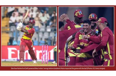 Sherfane Rutherford (left) powered West Indies innings before Gudakesh Motie impacted with the ball with 3-33 (Photo ICC/Getty Images)