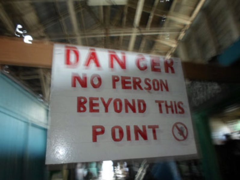 The sign erected on the Stabroek Market wharf, warning vendors and others to stay clear of the danger area