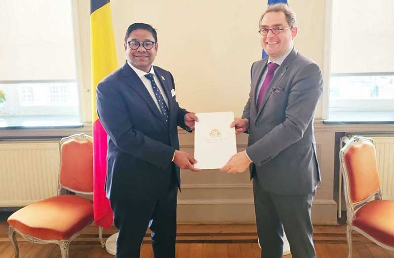 Ambassador Sasenarine Singh presented his Letter of Credence to His Excellency Hubert Roisin, Chief of Protocol of the Federal Public Service - Foreign Affairs, Foreign Trade and Development Co-operation, on Tuesday (Ministry of Foreign Affairs photo