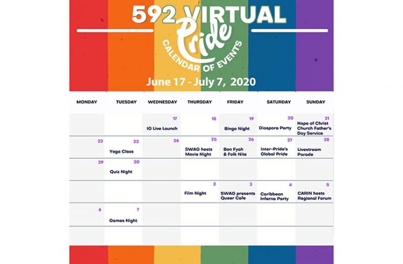 A schedule of the events outlined for Virtual Pride 2020