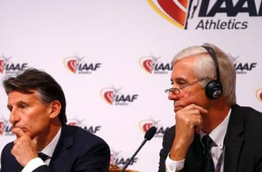 President Sebastian Coe (L) and Rune Andersen, head of the IAAF taskforce on Russia, attend a news conference after the International Association of Athletics Federations (IAAF) council meeting in Vienna, Austria, yesterday. (Reuters/Leonhard Foeger)