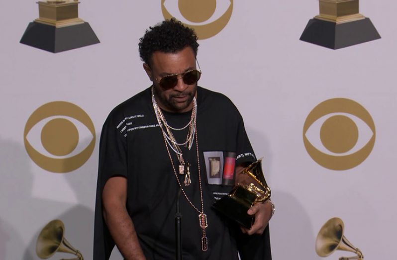Shaggy with the award for best reggae album for ‘44/876’ at the 61st annual Grammy Awards at the Staples Center in Los Angeles in February.