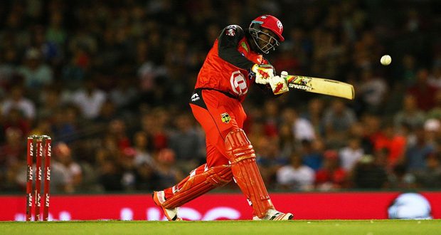 Chris Gayle smacks one during his 17-ball 56 against Adelaide Strikers in Melbourne, yesterday.