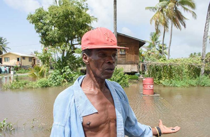 Michael Todd, a farmer of Sideline Dam, Buxton, ECD relating to the Guyana Chronicle his struggles with
the floods (Samuel Maughn photo)