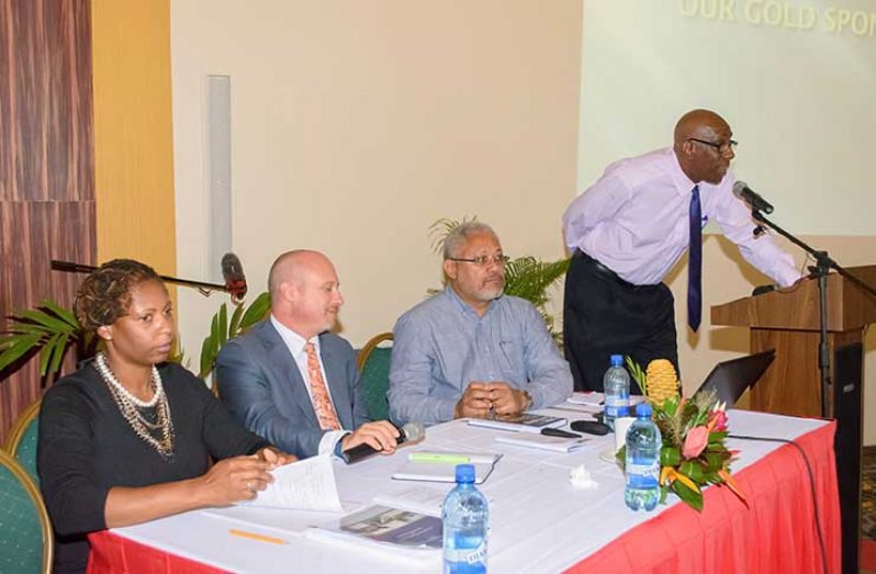 From left: Vicky McPherson; other speakers, David Holukoff, Afra Raymond and Perry Stanislas at podium