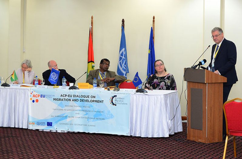 European Union (EU) Ambassador to Guyana, Jernej Videtic addresses
the gathering while Minister of Public Security, Khemraj Ramjattan and
other officials at the head table look on (Samuel Maughn photo)