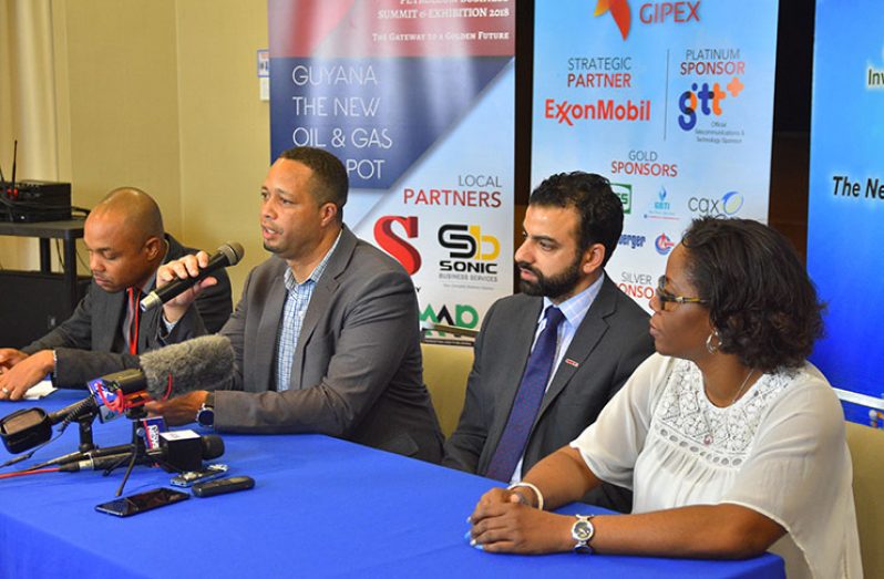From left: CEO of Sagacity Media Christopher Chapwanya, CEO of Go-Invest Owen Verwey, Head of Valiant Business Media Shariq AbdulHai and Legal Officer of the Ministry of Natural Resources Joanna Homer at the closing press conference of GIPEX 2018 on Friday