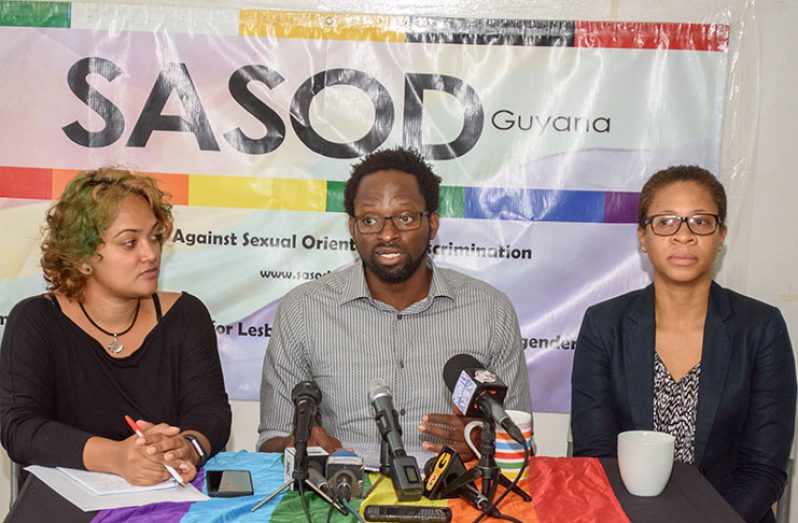 SASOD Human Rights Coordinator, Ernestine Leonard; Managing Director, Joel Sampson, and member, Alana DaSilva, at Wednesday’s press briefing.