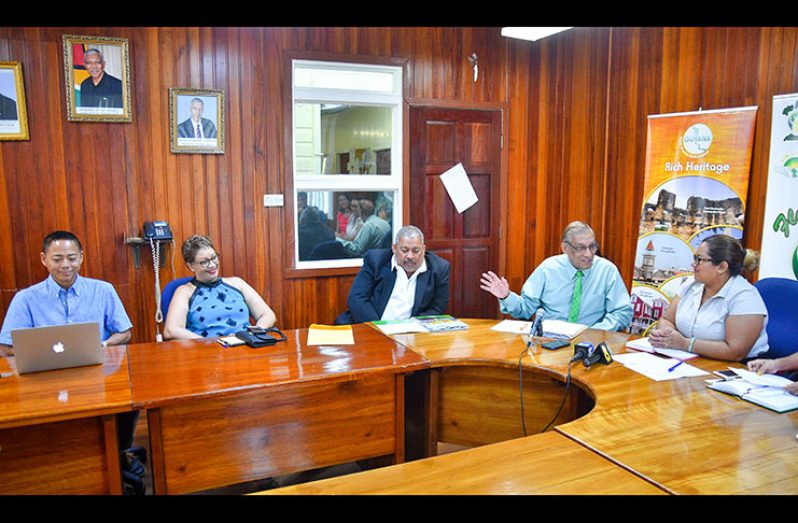 Members of the ‘fam tour’ team at the press briefing yesterday. Seated left is Mr. Nathan Fong, and second right Mr Syed Rayman (Photo by Samuel Maughn)