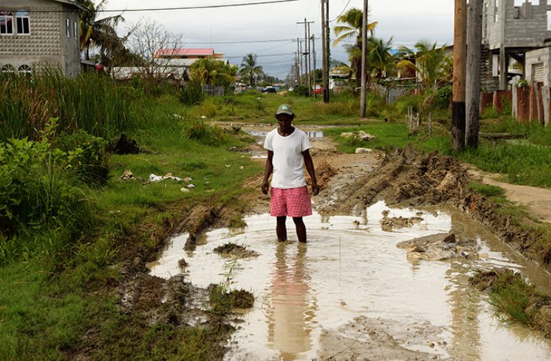 ‘C’ Field Sophia resident Terrence DeFlorimonte shows the depth of the this ditch in the middle of one of the streets (Samuel Maughn photo)
