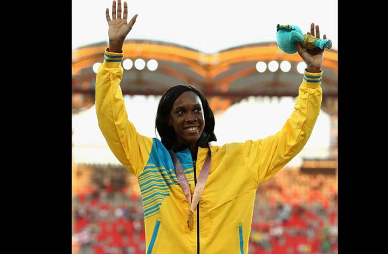 St Lucian high jumper Levern Spencer celebrates her country’s first Commonwealth Games gold.