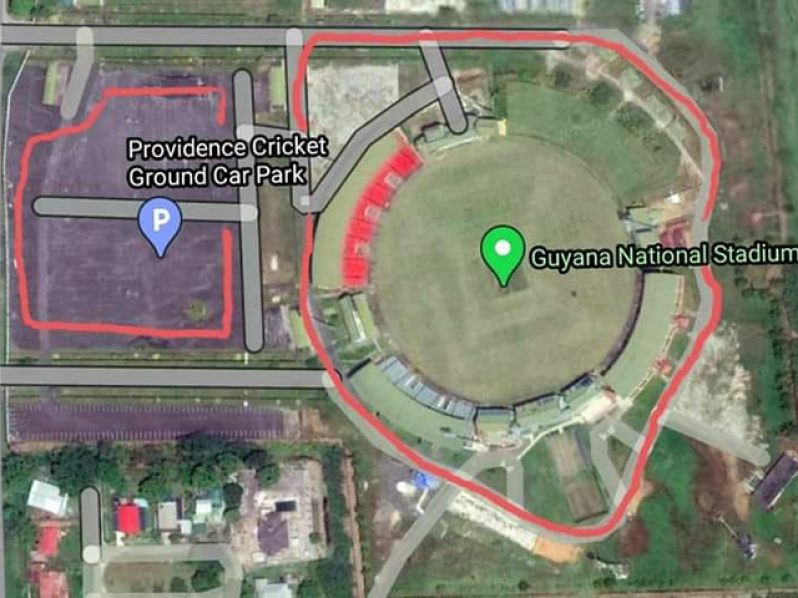 Arial view of outlined area of the Guyana National Stadium that will be opened to the public from November 2.