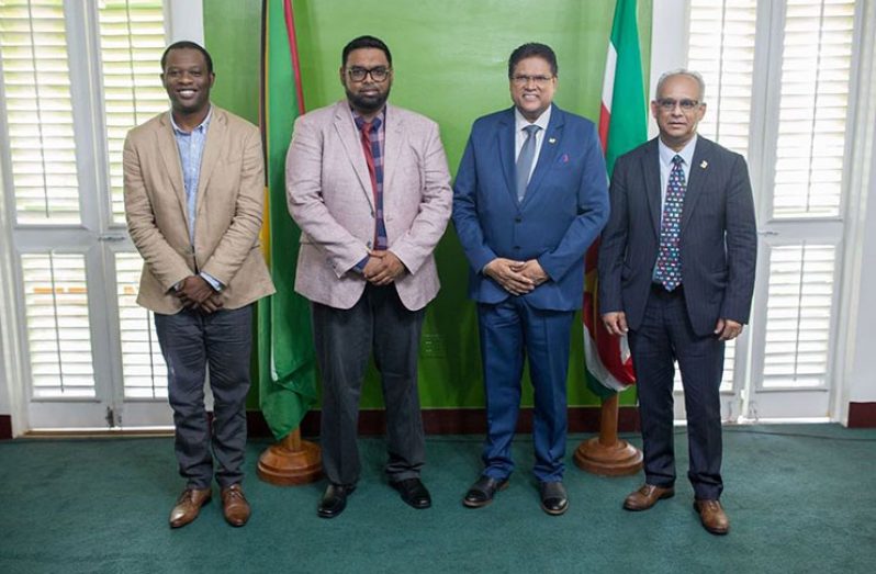 From left are Minister of Foreign Affairs, Hugh Todd; Guyana’s President Mohamed Irfaan Ali; President  Chandrikapersad Santokhi of Suriname; and Suriname Minister of Foreign Affairs, Albert Ramdin