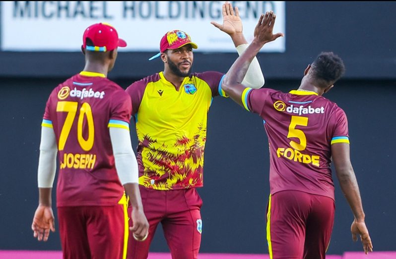 West Indies players celebrate a South African wicket during their first of three T20 encounters, at Sabina Park, on Thursday.