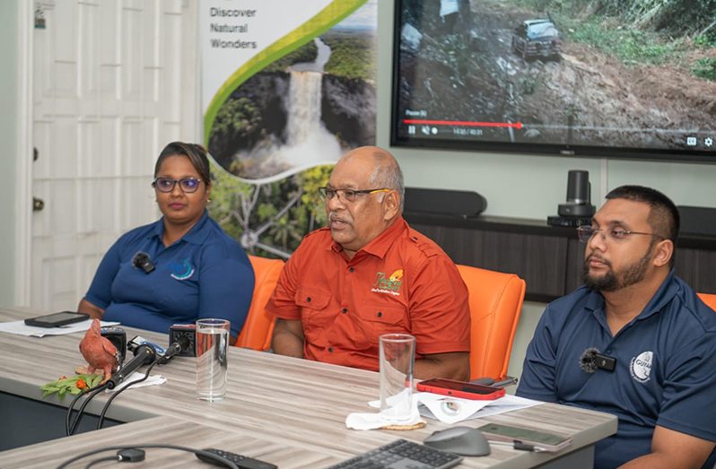 From Left: Trade Marketing Coordinator at Guyana Beverages Inc., Lalita Lachman; Managing Director of Rainforest Tours, Frank Singh, and GTA’s Director, Kamrul Baksh at the Independence safari launch at the GTA office