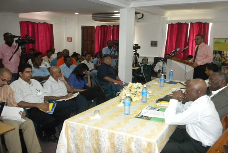 Minister Robert Persaud addressing participants at the environmental stakeholders workshop.