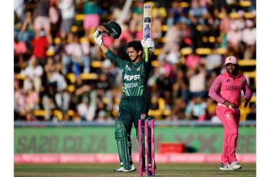 Saim Ayub brought up his second hundred of the series  •  AFP/Getty Images