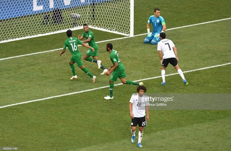 JUNE 25: Salem Aldawsari of Saudi Arabia celebrates after scoring his team's second goal during the 2018 FIFA World Cup Russia group A match between Saudia Arabia and Egypt at Volgograd Arena on June 25, 2018 in Volgograd, Russia. (Photo by Laurence Griffiths/Getty Images