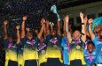 Daren Sammy, head coach of St.Lucia Kings lifts the CPL T20 trophy after the Men’s 2024 Republic Bank Caribbean Premier League Final match between Saint Lucia Kings and Guyana Amazon Warriors at Providence Stadium. CPL T20.