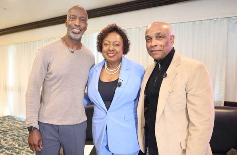 JOA President Christopher Samuda (r) with Jamaican sports minister Olivia Grange and GST founder Michael Johnson at the launch of the Jamaican leg of the series at the Jamaica Pegasus in Kingston on Monday