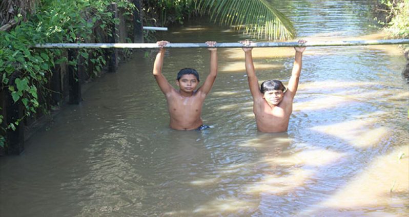 Two youngsters having a swim in one of the trenches at Sans Souci Village