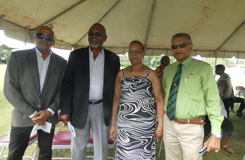 From left: BCA vice-president Calvin Hope, former West Indies fast bowler Charlie Griffith, Mrs Pam  Butcher and GCB Secreatary  Anand Sanasie.