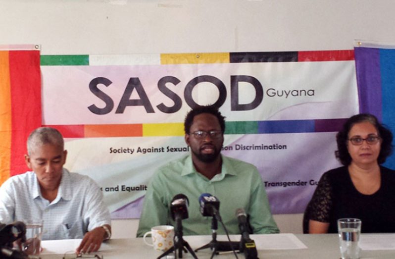 From left , Karen De Souza of the Red Thread group , Joel Simpson of SASOD and Melinda Janki, Executive Director of the Justice Institute of Guyana at Wednesday’s press briefing