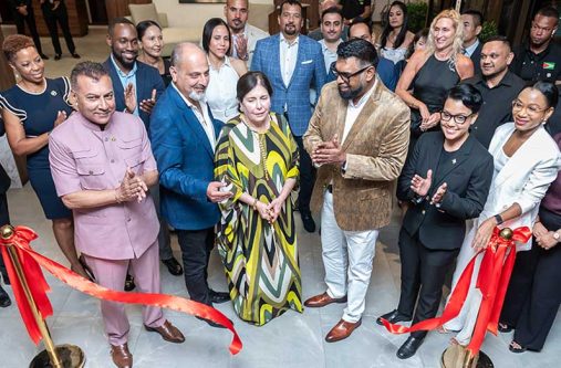 President Dr. Irfaan Ali and Chairman of Trinuyana Investments Inc., John Aboud commemorate the opening of the AC Marriott Hotel