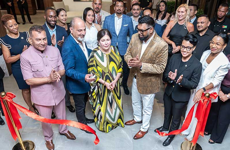 President Dr. Irfaan Ali and Chairman of Trinuyana Investments Inc., John Aboud commemorate the opening of the AC Marriott Hotel